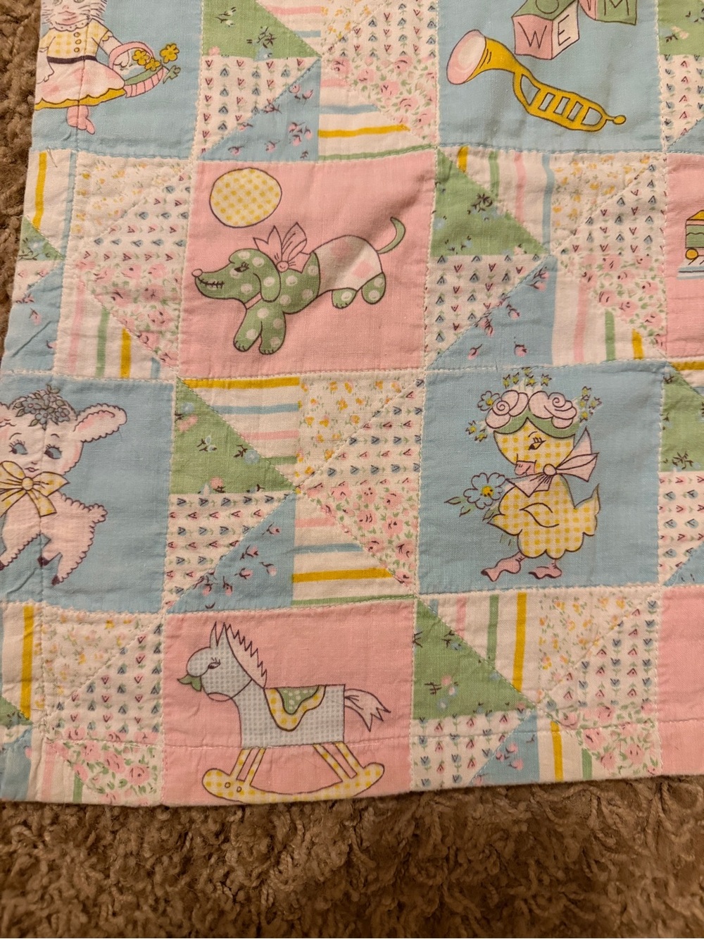 Vintage Pastel Patchwork Baby Quilt Nursery Blanket Toy Print Lamb Duck